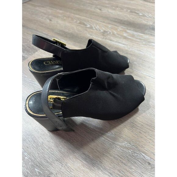 Chaps Womens Black Heeled Sandals Size 8.5B Canvas & Leather Upper Peep Toe Bloc - Picture 3 of 6